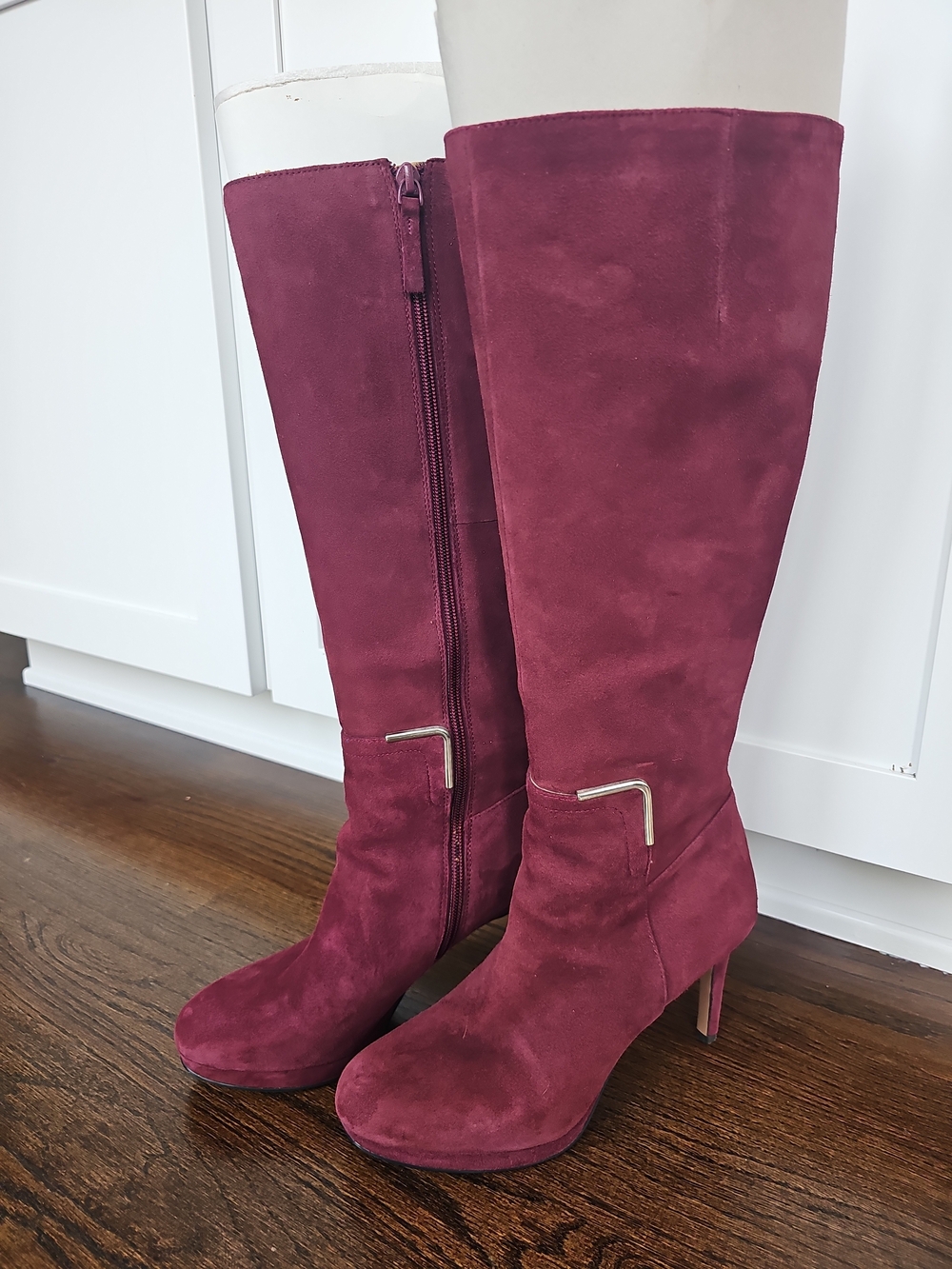 DNine West Dark Red/Burgundy Tall Suede Heeled Boots.